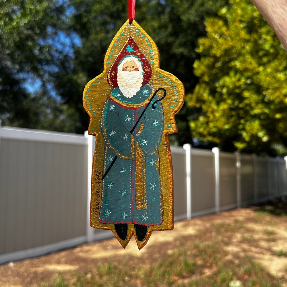 Vintage 1993‎ Hand Painted Wood Santa Christmas Ornament Folk Art Pere de Noel